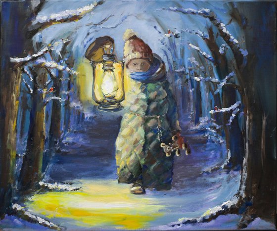 Magic forest. Commission. Large original oil painting blue kids boy lantern impressionism