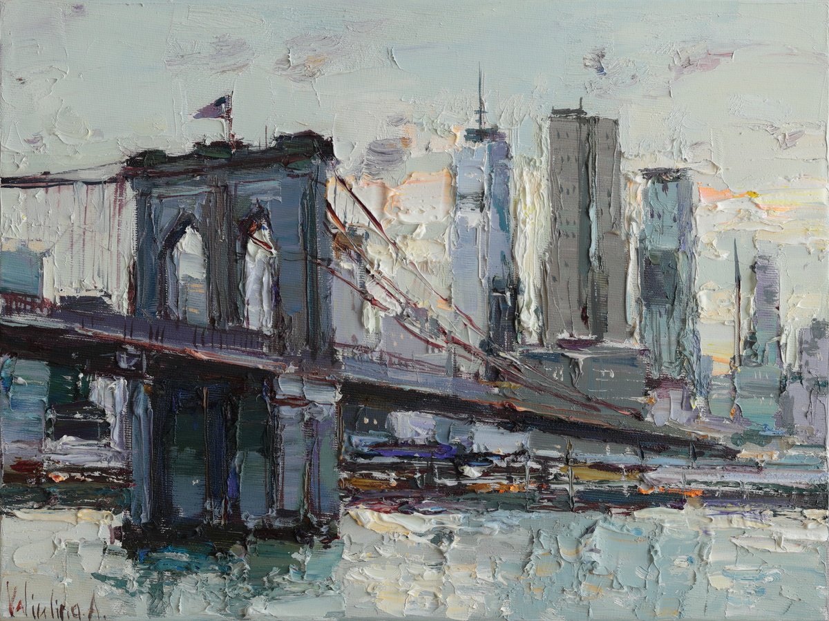 Impressionistic Cityscapes Oil Painting By Anastasiia Valiulina, 16 X 12, Brooklyn Bridge, Nyc, Original Artwork