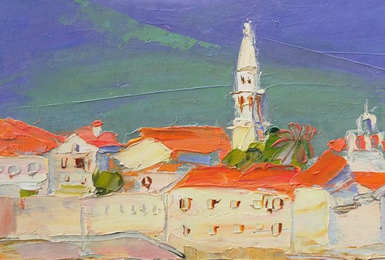 View of the fortress in Budva. Montenegro . Original plein air oil painting .