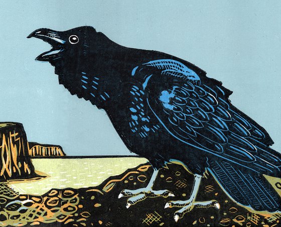 Ravens at Rock-a-Nore, Hastings, East Sussex. Limited Edition linocut