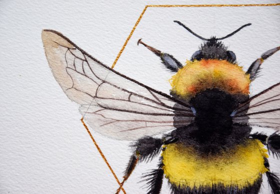 Bee Painting, Bumblebee Wall Art, Bee Original Watercolor Painting, Square Art