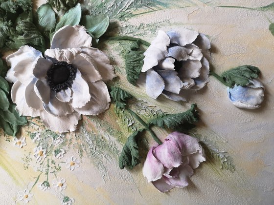 Bouquet with flowers anemones and Ranunculus - touch these delicate petals and inhale the fragrance of these beautiful flowers, wall decor idea, gift for a wealthy person 100x50x7 cm