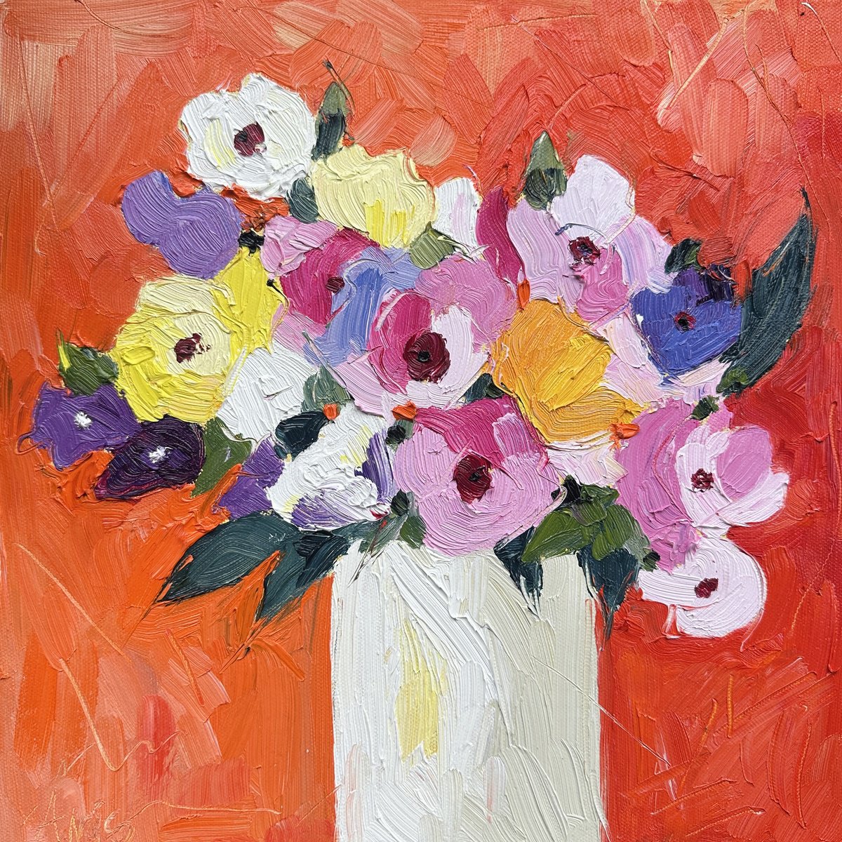 Impressionistic Botanical Oil Painting By Irina Anis, 12 X 12, Flowers On An Orange, Original Artwork