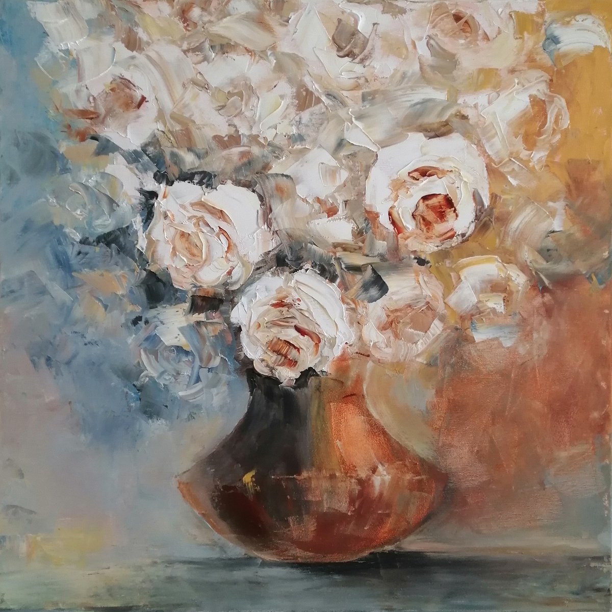 HONESTY, 60x60cm, blooming roses oil floral still life painting by Emilia Milcheva