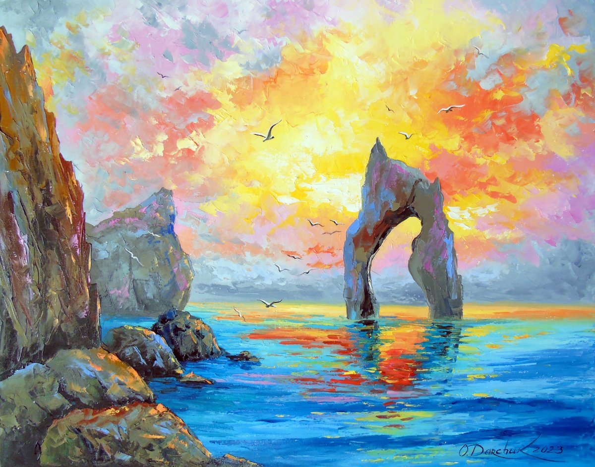 Impressionistic Landscape Oil Painting By Olha Darchuk, 28 X 22", Dawn On The Rocky Shore, Original Artwork