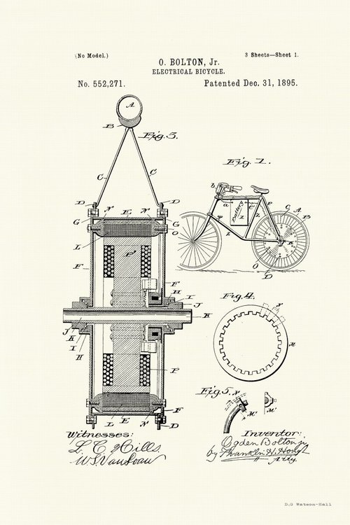 Electric Bicycle Patent - Circa 1895 by Marlene Watson