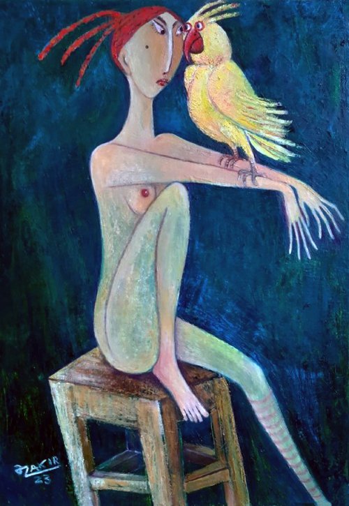 .Girl and parrot. by Zakir Ahmedov