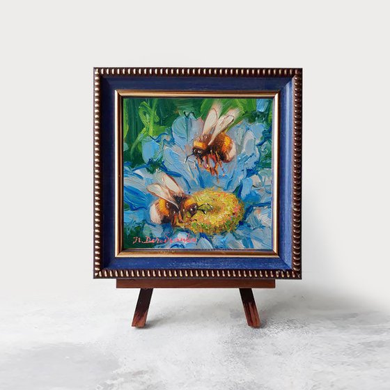 Bumble bee art painting original small framed, Picture couple gifts anniversary, Canvas painting blue flower with bees wall art