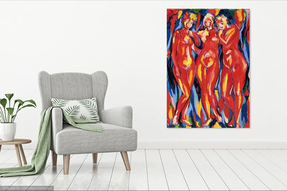 THREE GRACES - Abstract nude art , XL large wall sized, original painting, bathers theme, red, bedroom interior