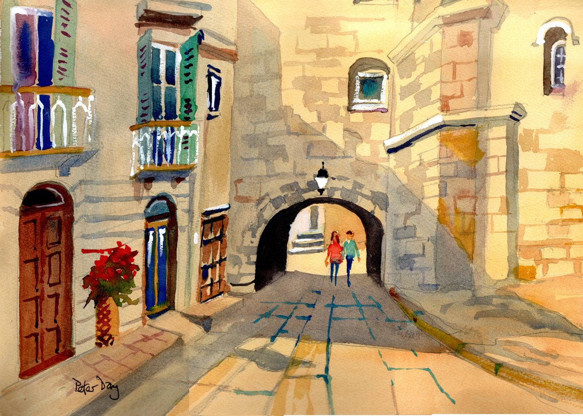 Impressionistic Cityscapes Watercolour By Peter Day, 17 X 13", Ostuni Cathedral, Italy, Original Artwork