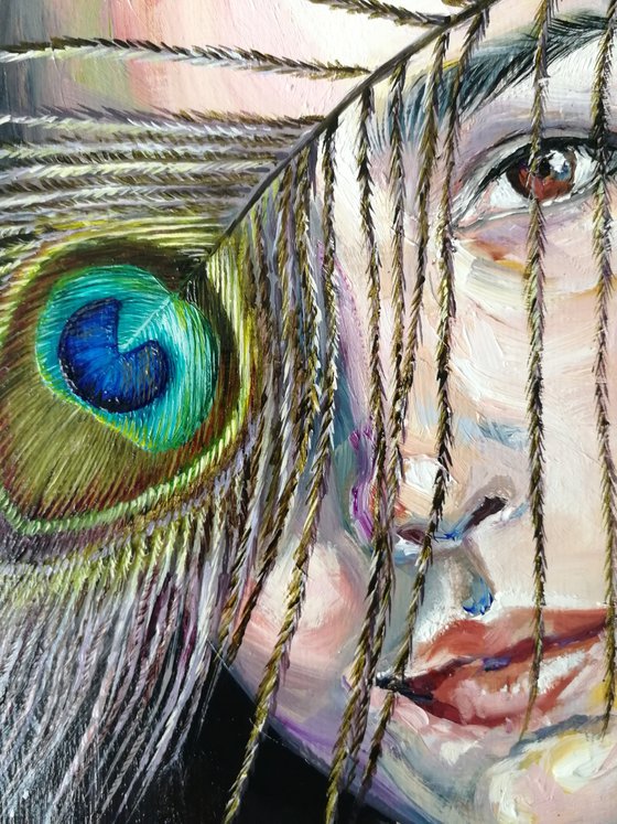 Do you really need a mask? | 50*60 cm | self portrait with peacock feather