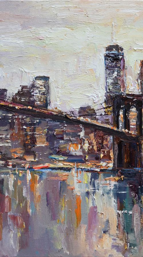 Brooklyn Bridge at Sunset - New York City - Evening urban landscape painting by Anastasiia Valiulina
