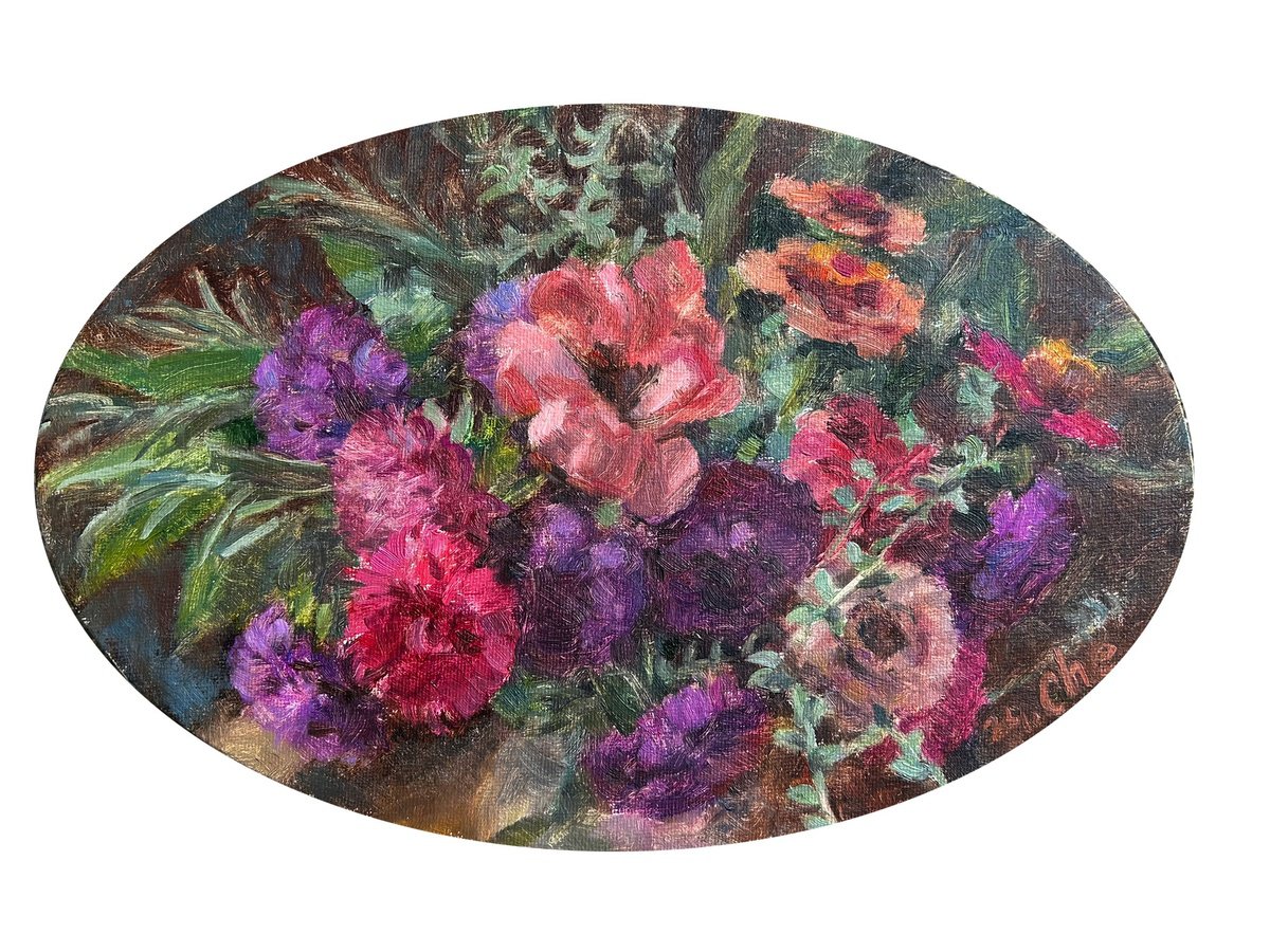 Impressionistic Botanical Oil Painting By Liudmyla Chemodanova, 12 X 8", Mysterious Bouquet, Original Artwork