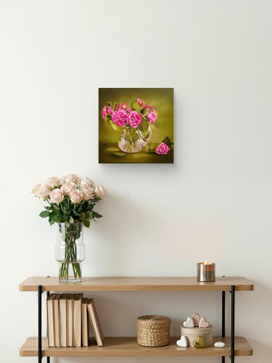 Pink Roses in Glass Vase