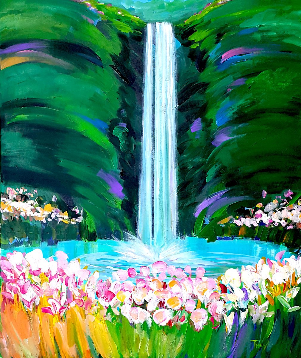 Abstract Landscape Acrylic Painting By Trayko Popov, 37 X 43", Waterfall | Hot Mountain Summer | Vacation, Original Artwork