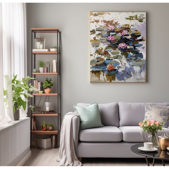 Summer Pond. Pink Water Lilies.