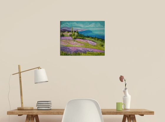Lavender fields, summer, sky, gift, original oil painting