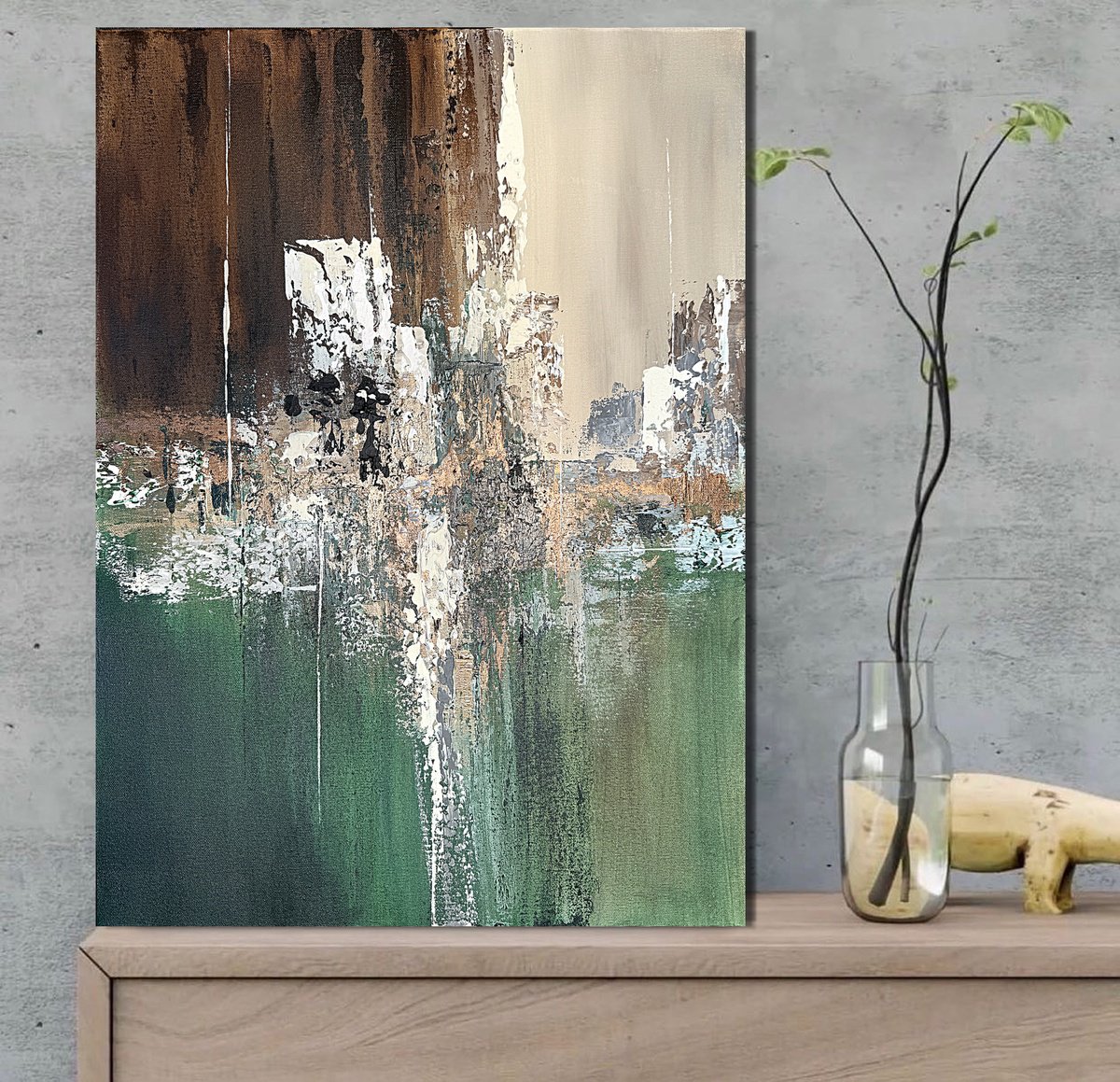 Expressive Abstract Acrylic Painting By Tatiana Malinovscaia, 20 X 28", Emerald Earth Balance, Original Artwork