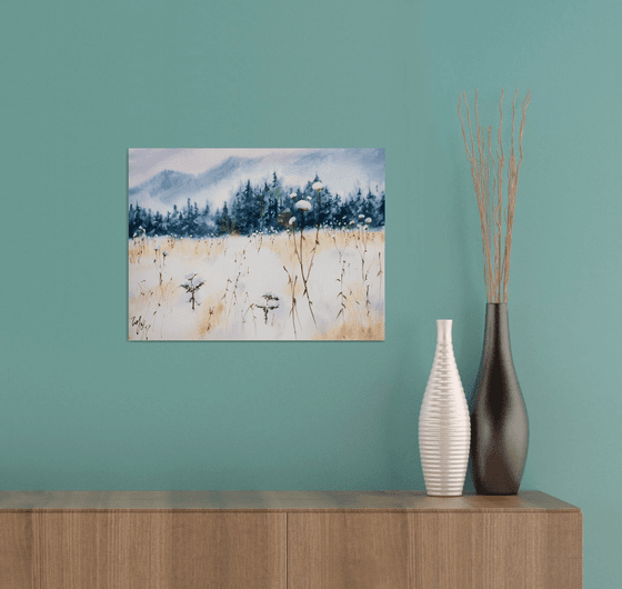 Winter Forest. Small watercolor painting blue mist mountain nature landscape interior decor