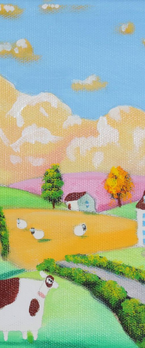 Cow and sheep folk painting by Gordon Bruce