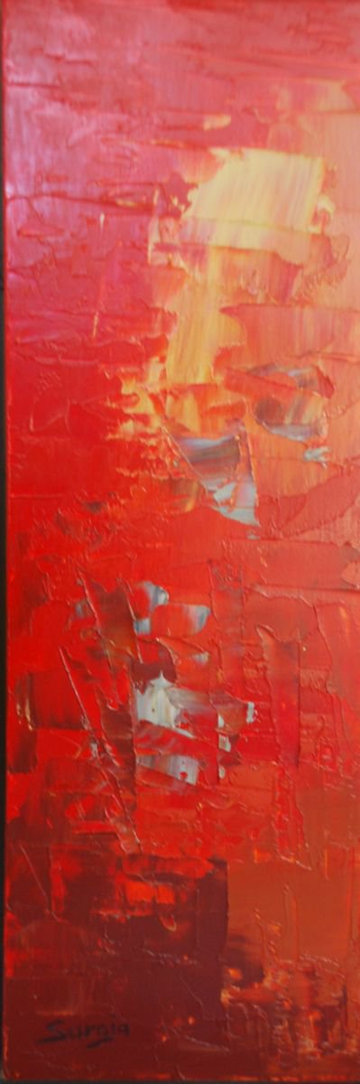 Abstract Landscape Oil Painting By Saroja Van Der Stegen, 5 X 12", Red Fire (Ref#:698-H), Original Artwork