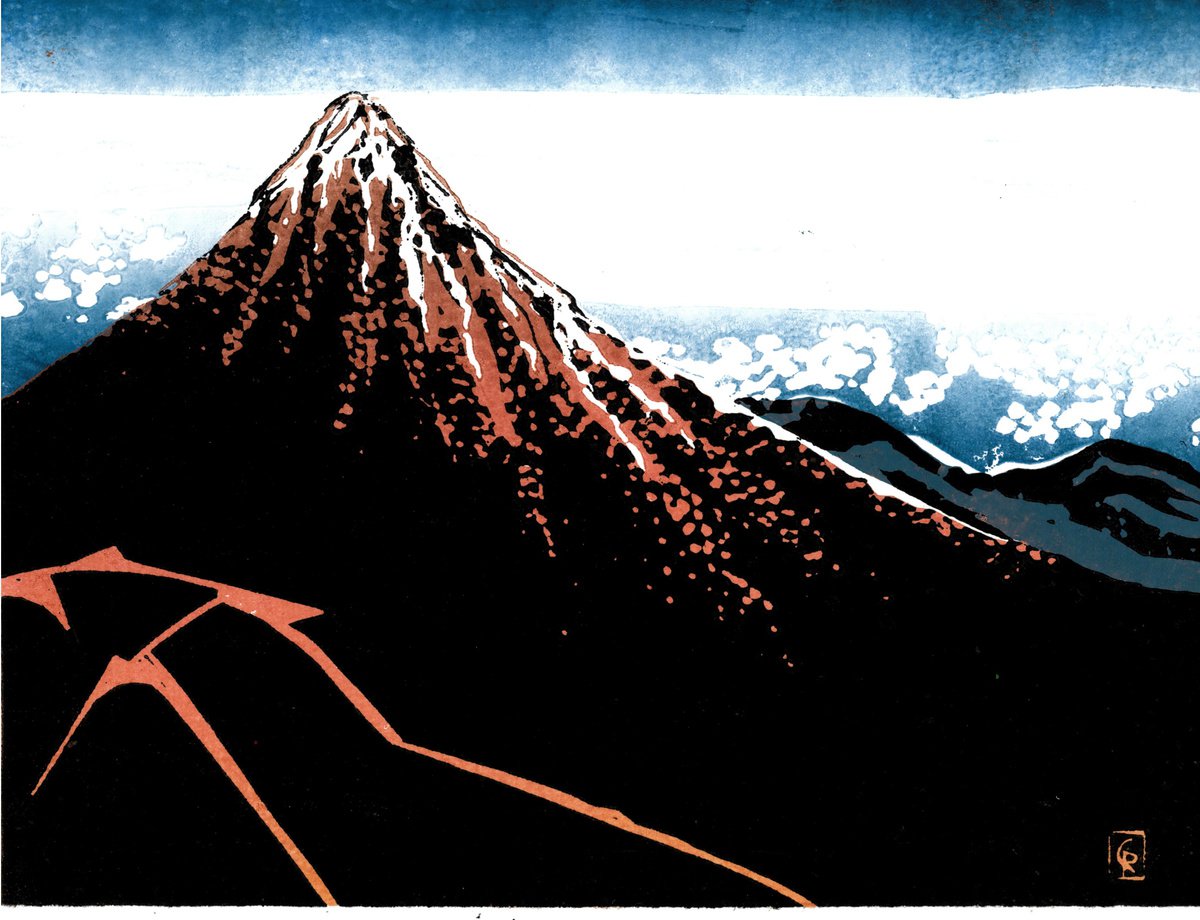36 views of Mt Fuji Evening Shower at Mountain foot - Linoprint inspired by Hokusai Katsus... by Reimaennchen - Christian Reimann