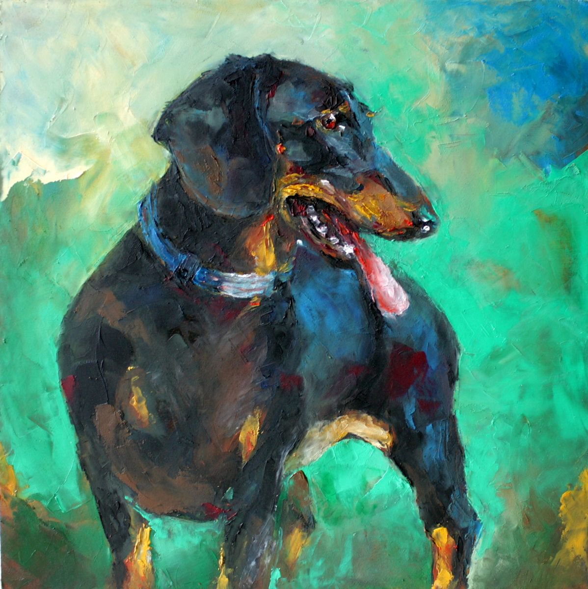 Expressive Animal Oil Painting By Olga David, 8 X 8", Dachshund Portrait In Small Format, Original Artwork