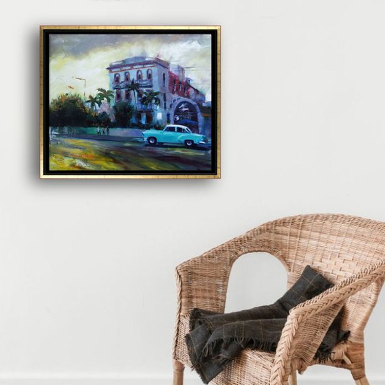 Havana Cuba Cityscape, Movie Scene, Vintage Cuban Car on Street, City View of Havana Oil Painting, Ready to Hang