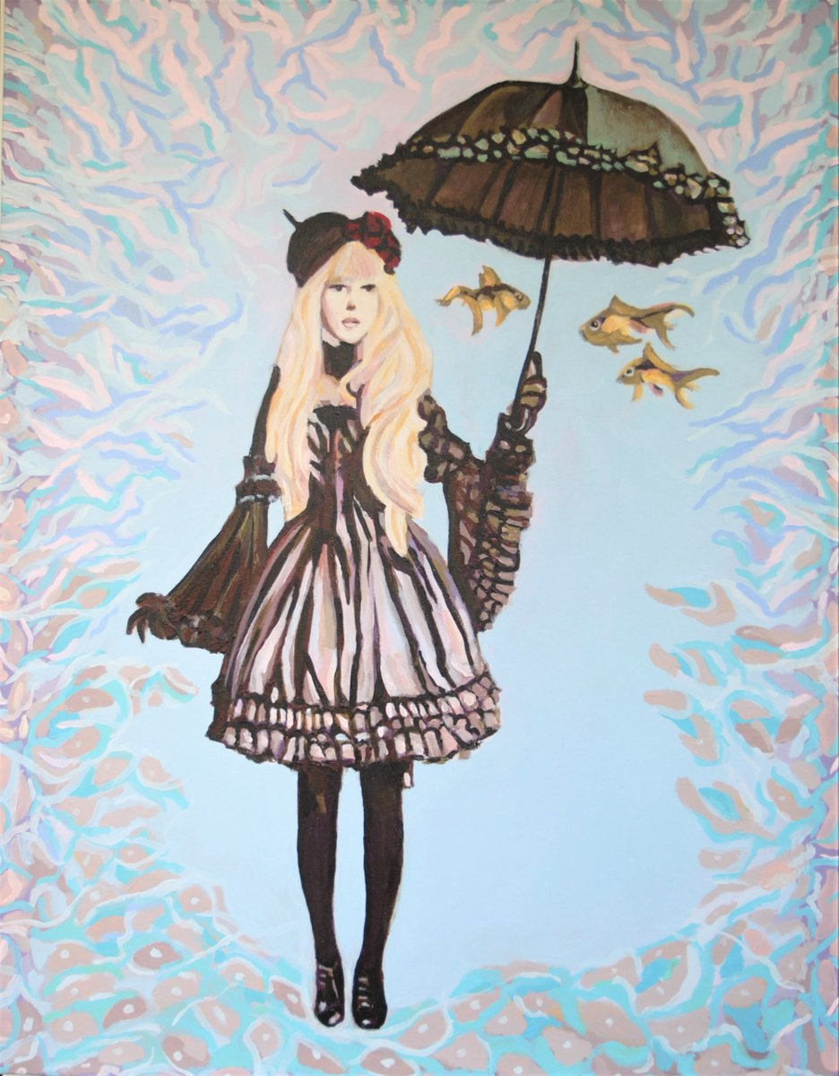 Girl with umbrella and three goldfish / 94.8 x 73.8 x 2.5 cm by Alexandra Djokic