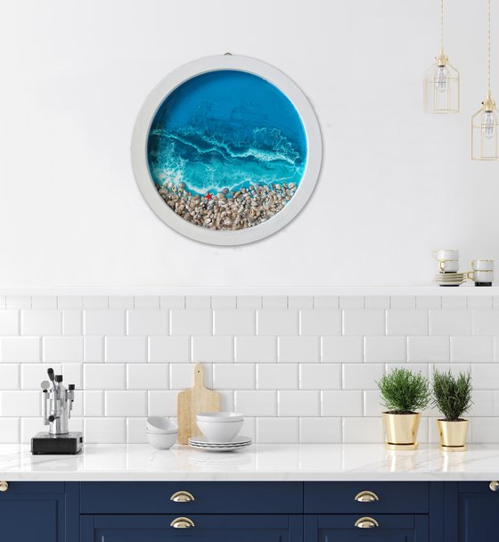 Porthole with sea view - original seascape 3d artwork, framed, ready to hang