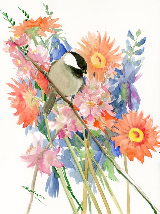 Chickadee and Flowers