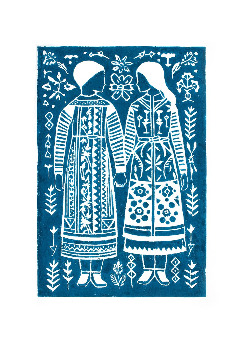 Graphic Portrait Linocut By Kosta Morr, 12 X 17", Friendship Turquoise, Original Artwork