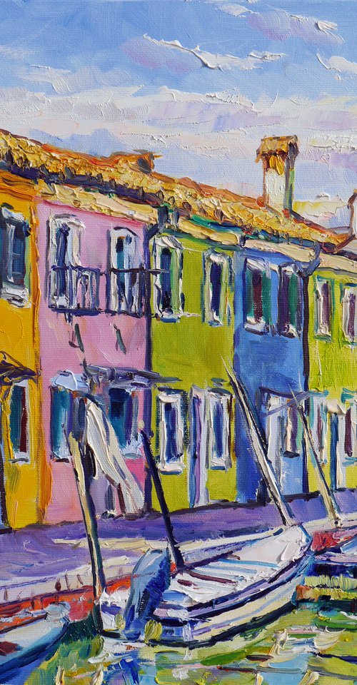 "Vibrant houses and boats " original oil painting, ready to hang, water wall decor, gift idea by Tashe