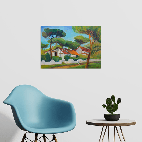 ITALY. LIDO DI SPINA (WANT TO TAKE A STROLL?) - expressive bright landscape with green pine trees and walking people gift idea home décor