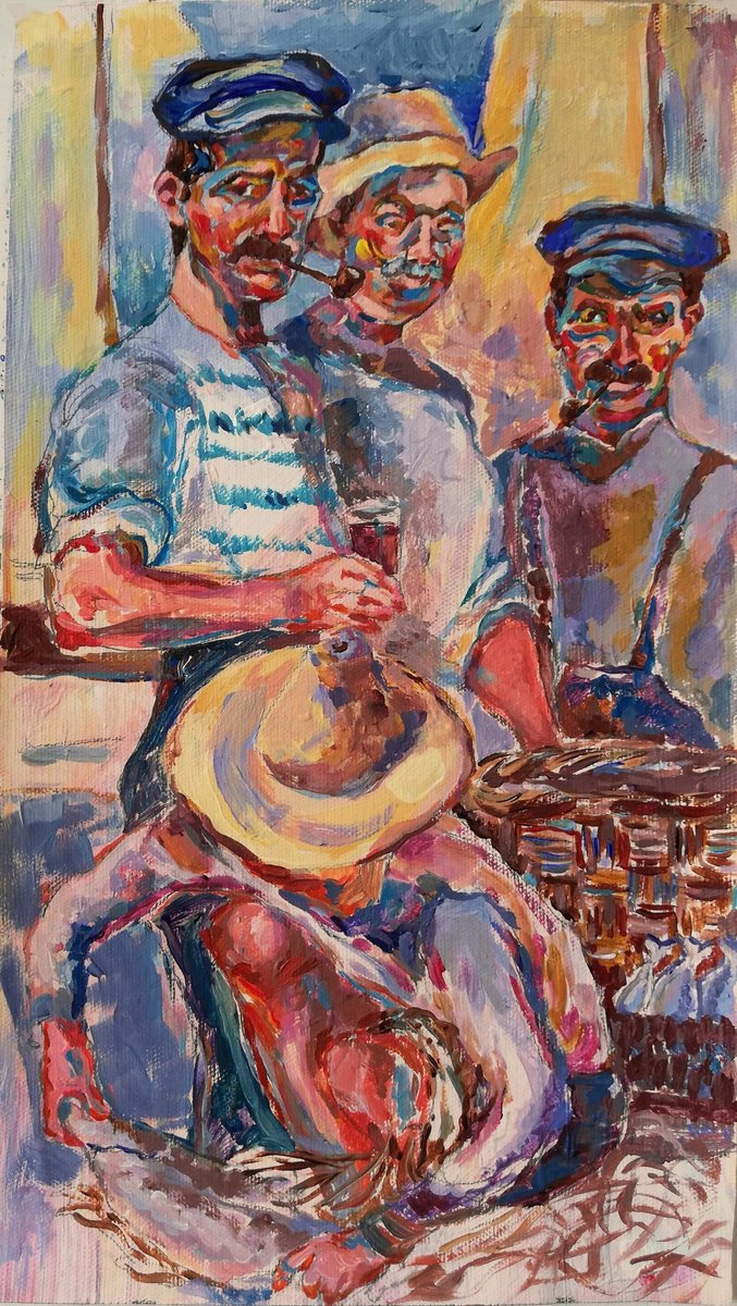 Impressionistic Portrait Acrylic Painting By Jelena Djokic, 8 X 15, Sailors Taking A Break, Original Artwork