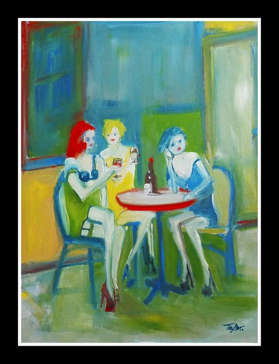 GIRLS FASHION MODELS, CAFE RESTAURANT, RED WINE. Original Female Figurative Oil Painting. Varnished.