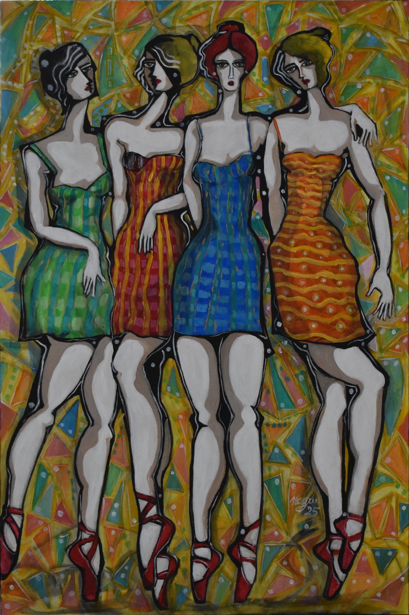 Expressive Portrait Acrylic Painting By Nagui, 24 X 36", March Of The Ballerinas, Original Artwork