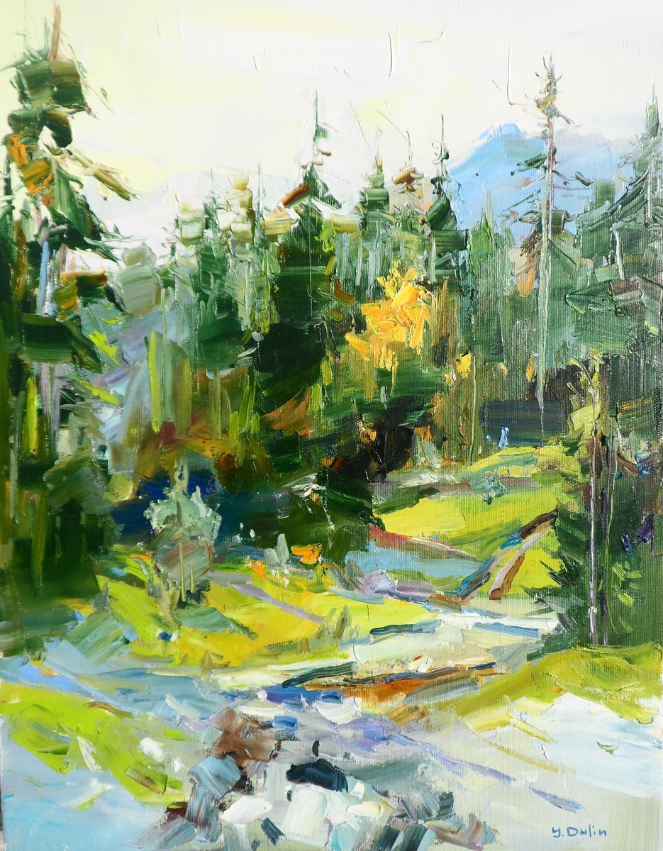 Impressionistic Landscape Oil Painting By Yehor Dulin, 16 X 20", Mountains Forest, Original Artwork