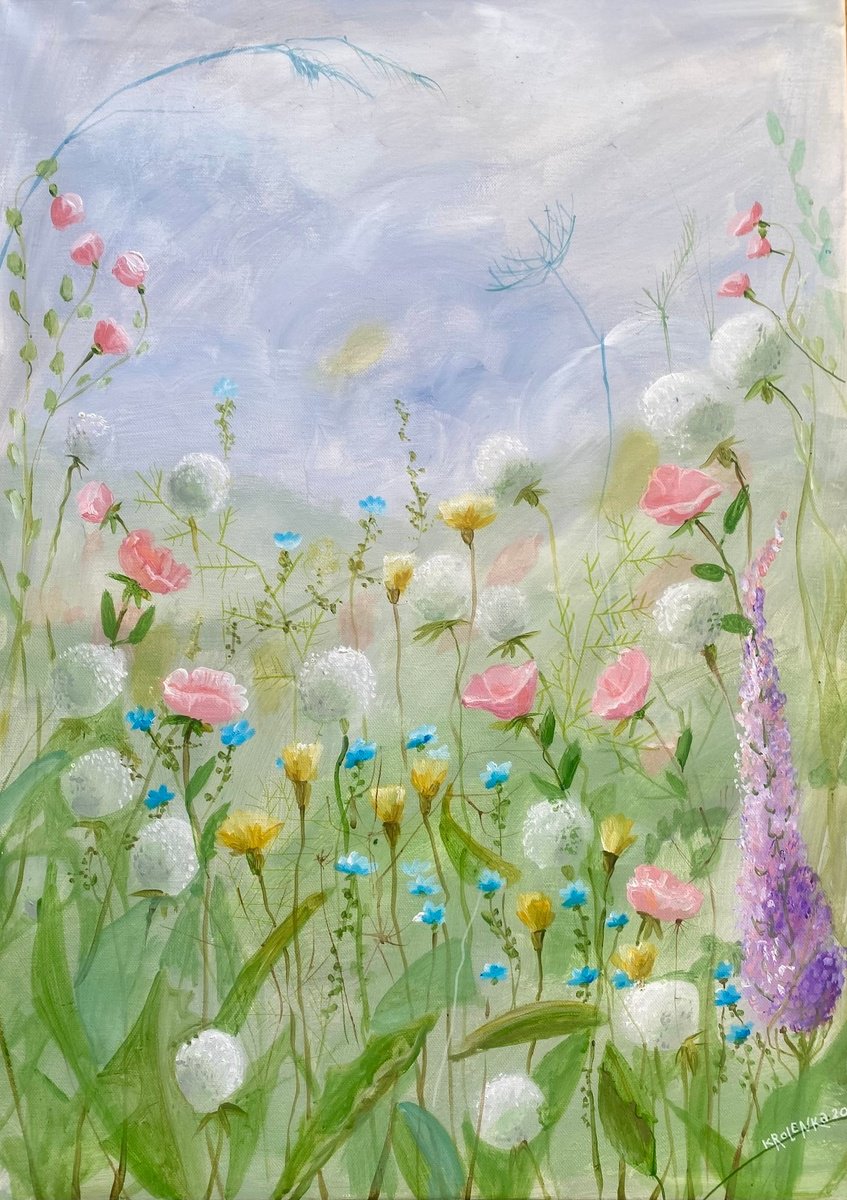 Impressionistic Botanical Acrylic Painting By Alexandra Krasuska, 20 X 28, Sweet Candy Meadow, Original Artwork