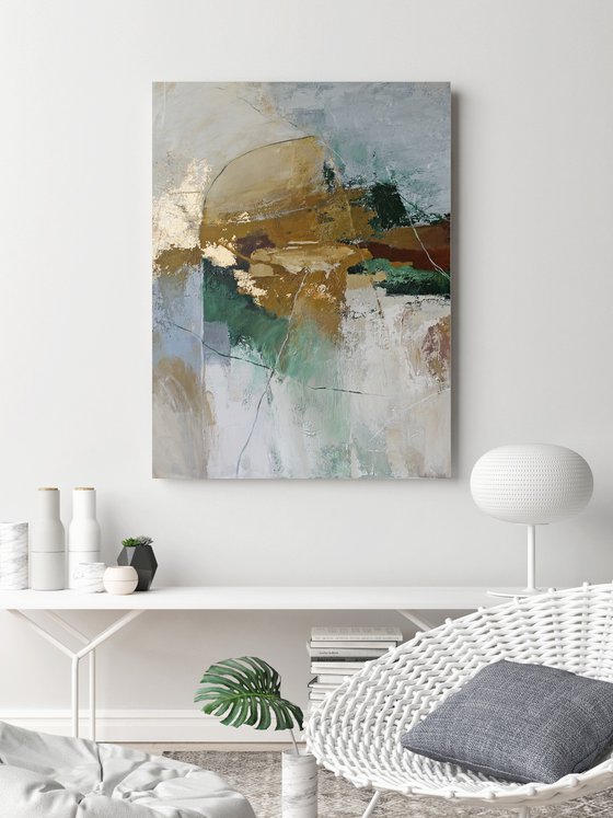 "Cliff 2" Green gray gold abstract art