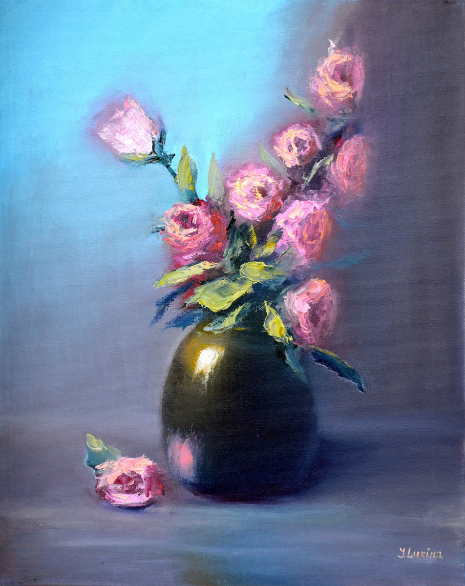 Expressive Still Life Oil Painting By Elena Lukina, 16 X 20, Gentle Pink Roses, Original Artwork