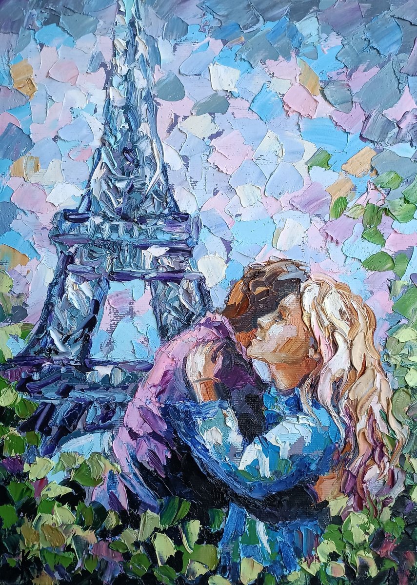 Impressionistic Portrait Oil Painting By Anastasia Kozorez, 9 X 12, Love Under The Eiffel Tower, Original Artwork