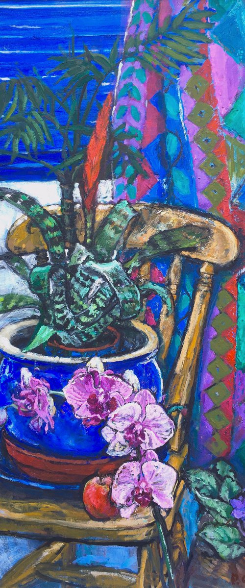 ORCHIDS, AFRICAN VIOLETS WITH HARLEQUIN CURTAINS STILL LIFE LARGE by Patricia Clements