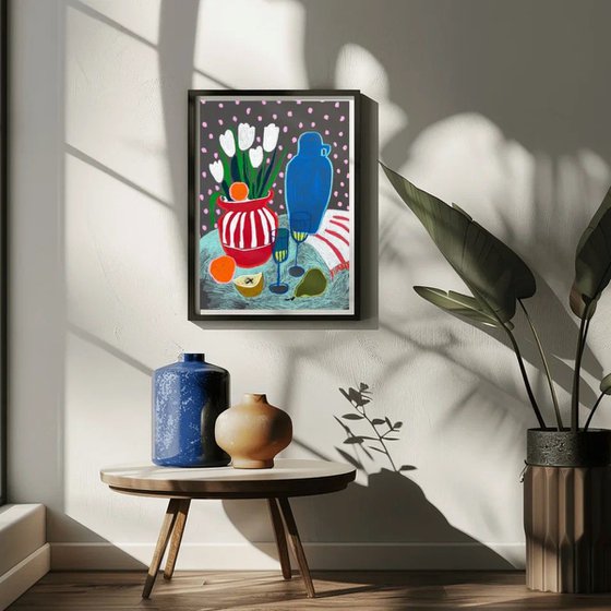 Tulips, Fruit and a Blue Visitor