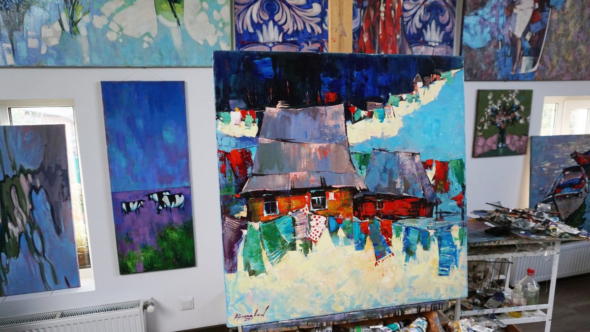 Impressionistic Landscape Oil Painting By Anastasiia Kraineva (Masniuk), 31 X 31, Hutsul Round Dances, Original Artwork