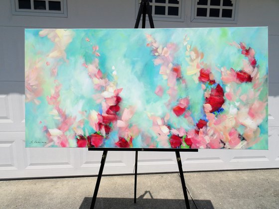 3D Textured Painting Large Flowers Teal Abstract Painting Coral White Green Red Floral Landscape. Tropical Botanical Garden Painting on Canvas. Modern Impressionism