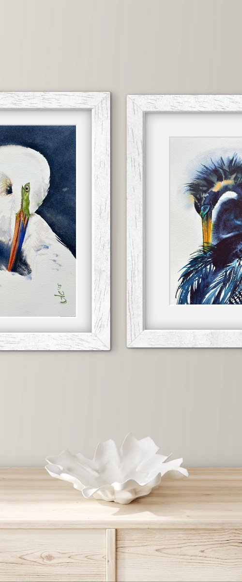 Birds: White Heron and Anhinga by Alla Semenova