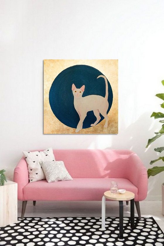 Lunar cat. Oil painting with gold leaf