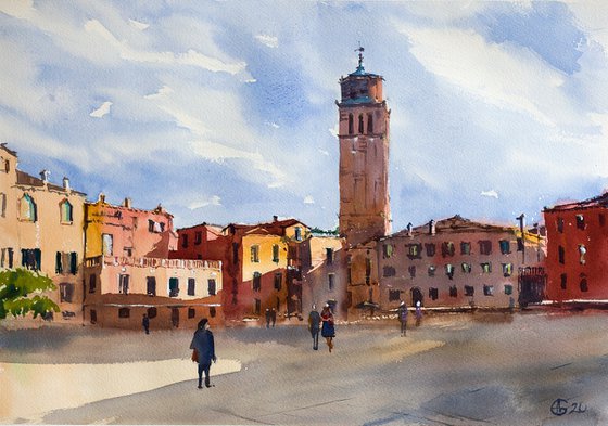 Venice. Sunny square. Medium format watercolor urban landscape Mediterranean italy sea bright architecture old travel