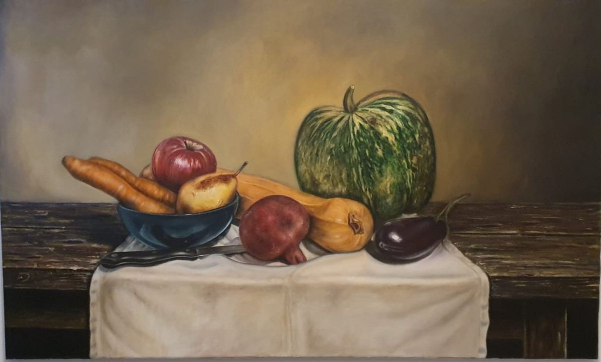 Photorealistic Still Life Oil Painting By Nelaart, 31 X 20", Autumn Fruits, Original Artwork